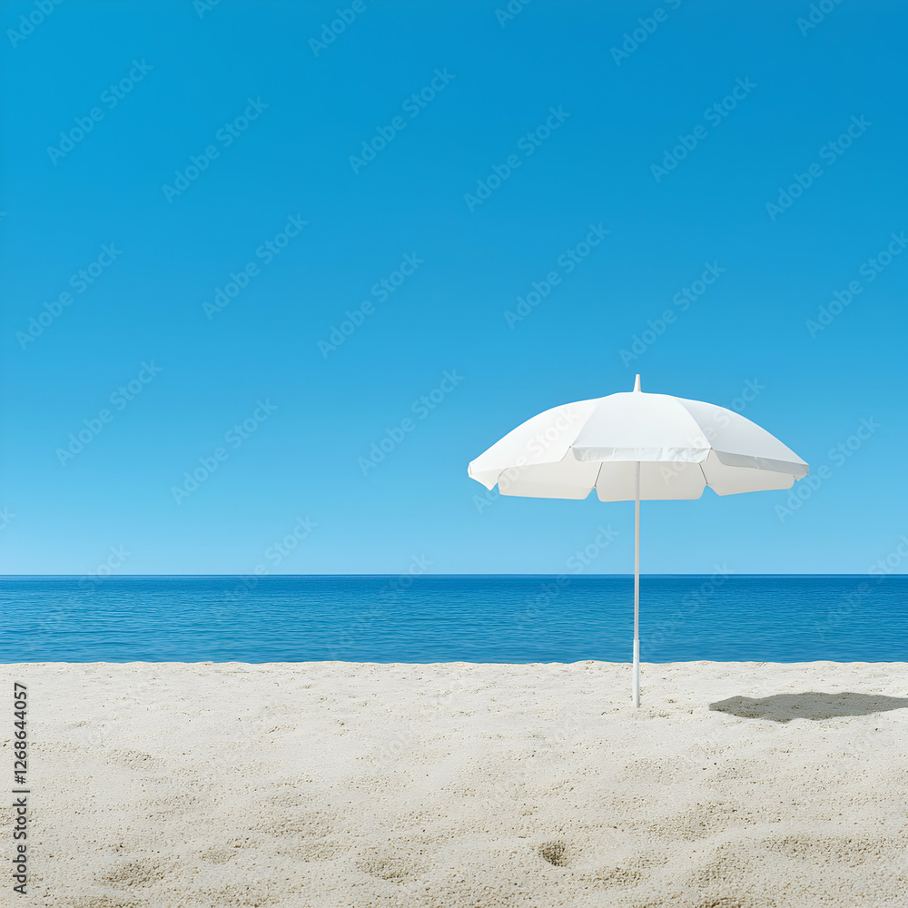 White Umbrella on Sandy Beach Under Bright Blue Sky White Umbrella on Sandy Beach Under Bright Blue Sky