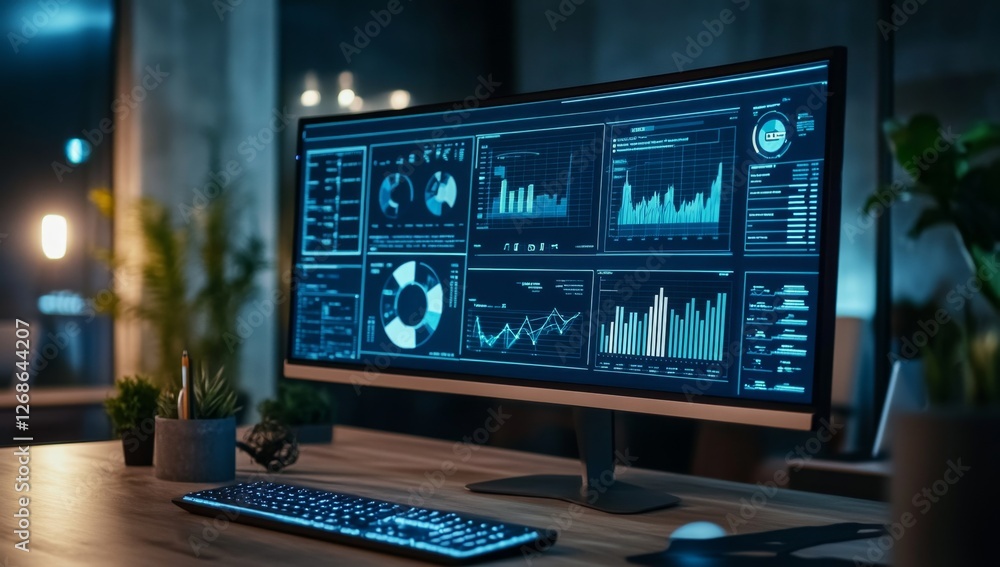 Data analysis on monitor, office, night, graphs, charts, business Data analysis on monitor, office, night, graphs, charts, business