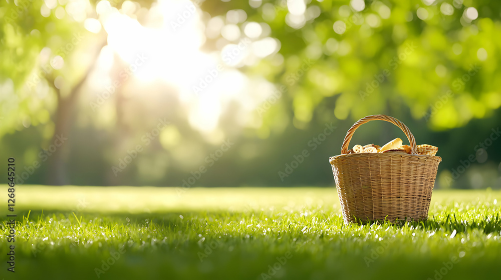 Wicker Picnic Basket on Sunny Green Grass Wicker Picnic Basket on Sunny Green Grass
