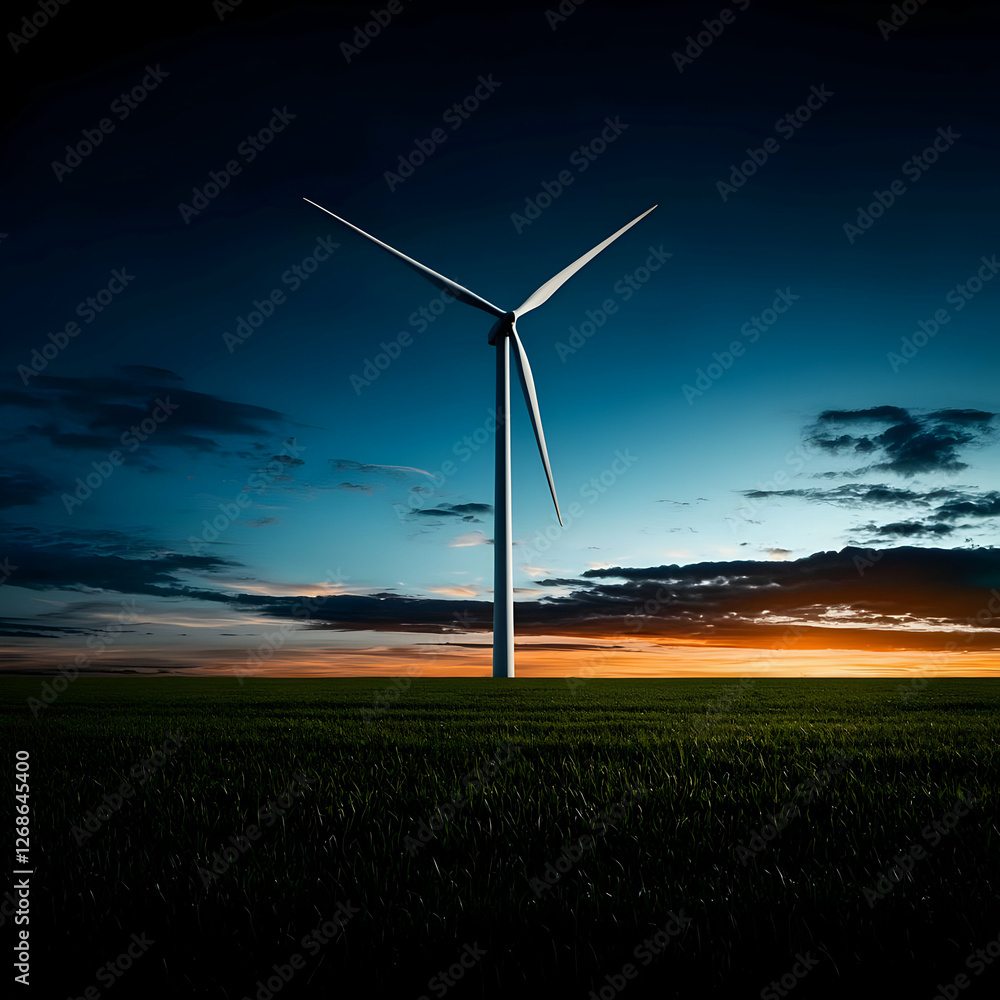 Obraz premium Wind Turbine at Sunset Over Green Field