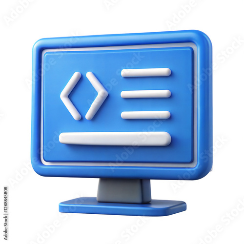 3D Rendered Icon of a Blue Computer Screen Showing Code