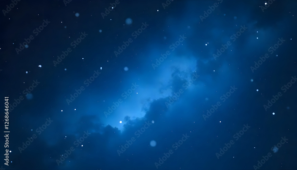 Obraz premium A blue sky with stars and clouds. The sky is dark and the stars are shining brightly. The clouds are scattered throughout the sky, giving it a sense of depth and movement, background