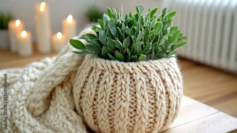 Cozy Knitted Plant Pot with Candles and Blanket Cozy Knitted Plant Pot with Candles and Blanket