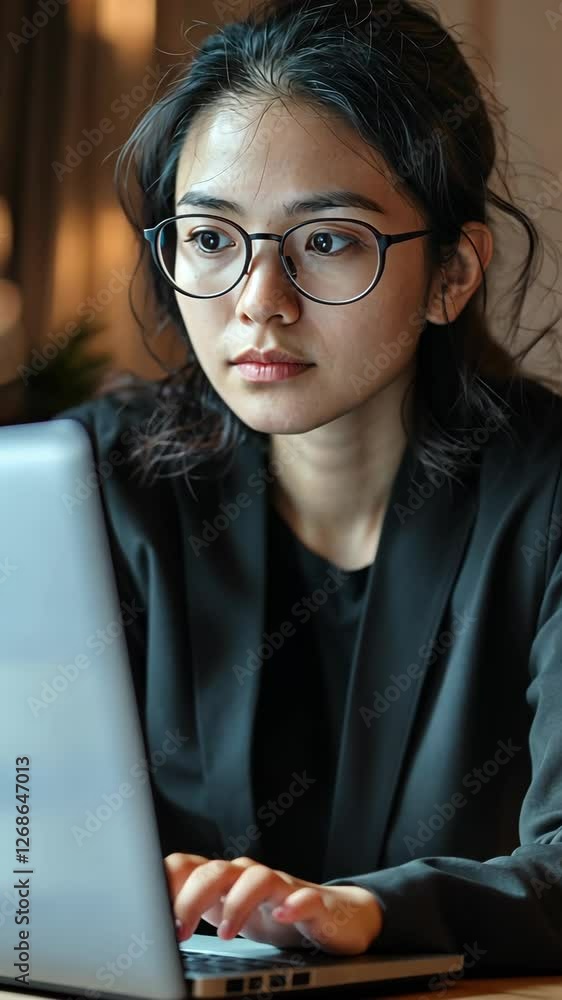 Young woman working intently on laptop in a cozy indoor setting during evening hours Young woman working intently on laptop in a cozy indoor setting during evening hours