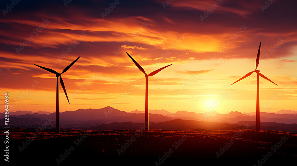 Obraz premium Wind Turbines Silhouetted Against a Vibrant Sunset