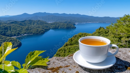 A picturesque scene features a cup of golden tea on a stone ledge, with a breathtaking view of a tranquil lake surrounded by lush green mountains