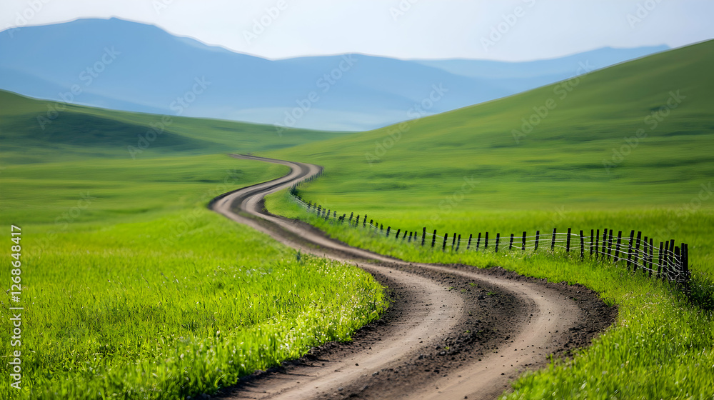 Naklejka premium Winding Dirt Road Through Lush Green Fields and Rolling Hills