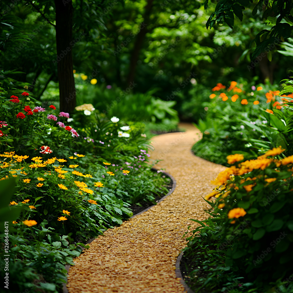 Winding Garden Path with Colorful Flowers Winding Garden Path with Colorful Flowers