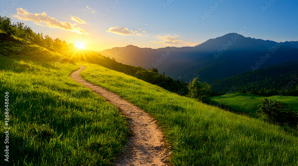 Fototapeta premium Winding Path Through a Lush Green Hillside at Sunset