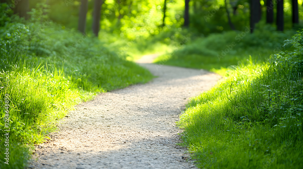 Obraz premium Winding Path Through a Sunlit Green Forest