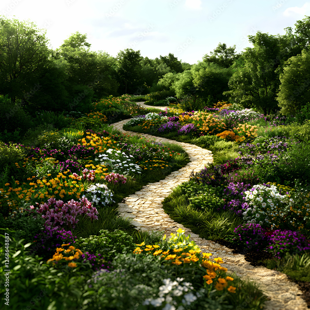 Obraz premium Winding Path Through a Vibrant Flower Garden