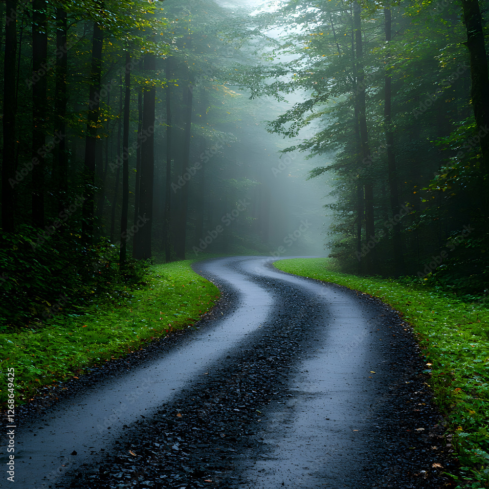 Obraz premium Winding Road Through Foggy Green Forest