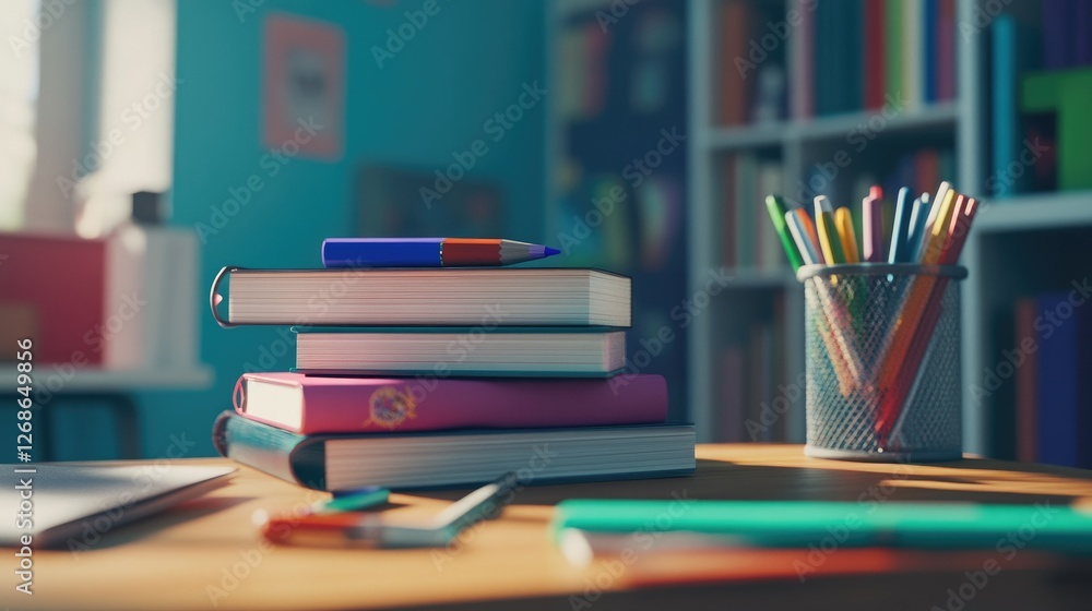 An organized desk featuring a stack of textbooks, colorful pens, and erasers, ready for a productive school day An organized desk featuring a stack of textbooks, colorful pens, and erasers, ready for a productive school day