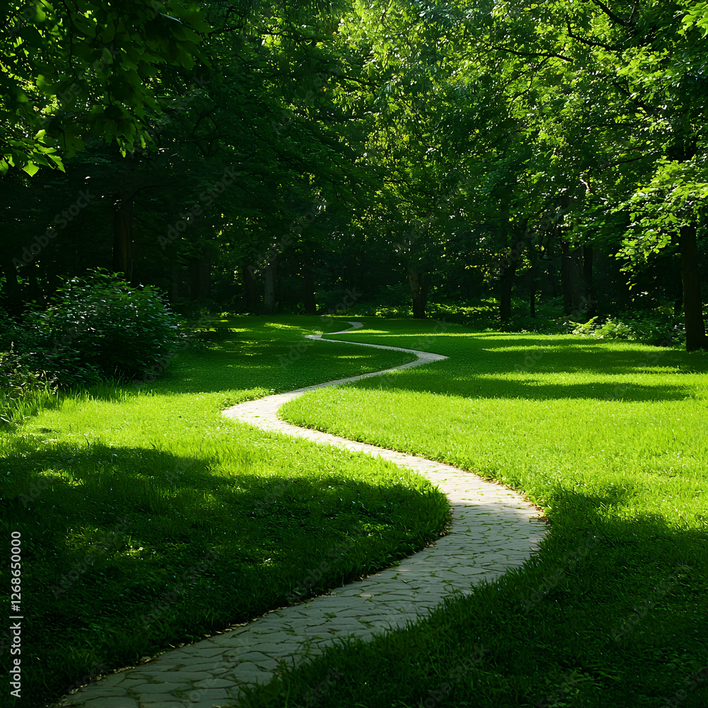 Fototapeta premium Winding Stone Path Through Lush Green Garden