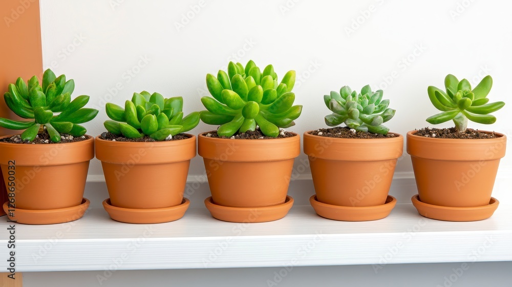 Obraz premium Five succulents in terracotta pots arranged on a white shelf. Bright, natural light illuminates the scene, highlighting the vibrant green foliage and