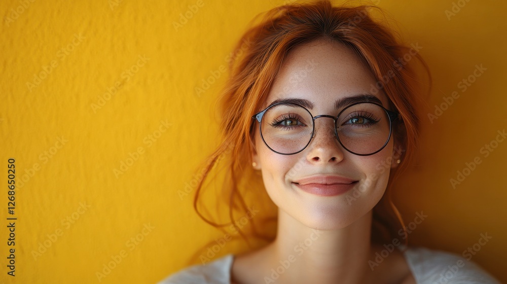 Portrait of Smiling Redhead Woman with Glasses on Yellow Background