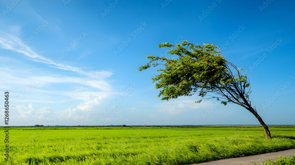 Obraz premium Windswept Tree in a Green Field Under a Blue Sky