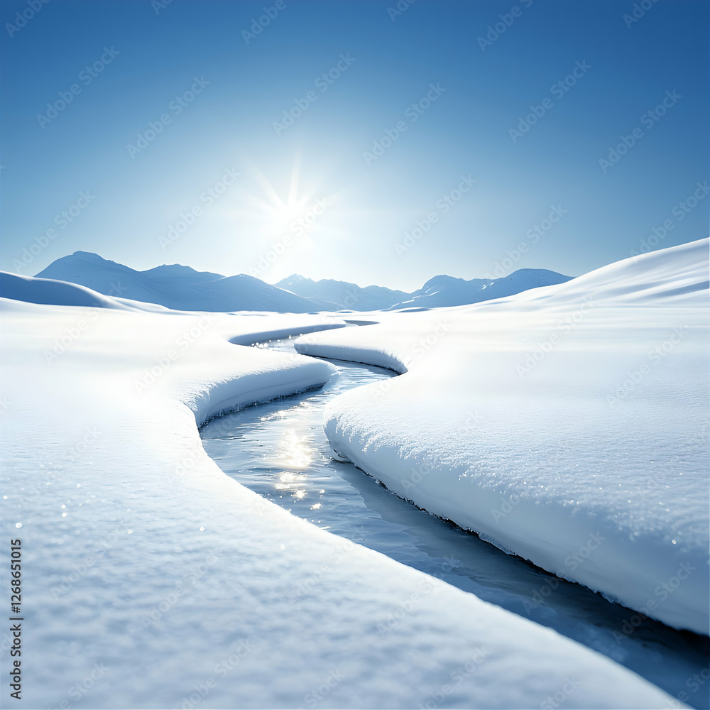 Obraz premium Winter River Landscape: Snow Covered Stream And Mountains Under Bright Sunlight