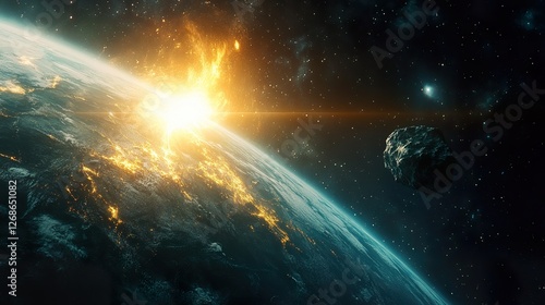 Asteroid nears Earth, glowing in space, a dramatic cosmic encounter unfolds.