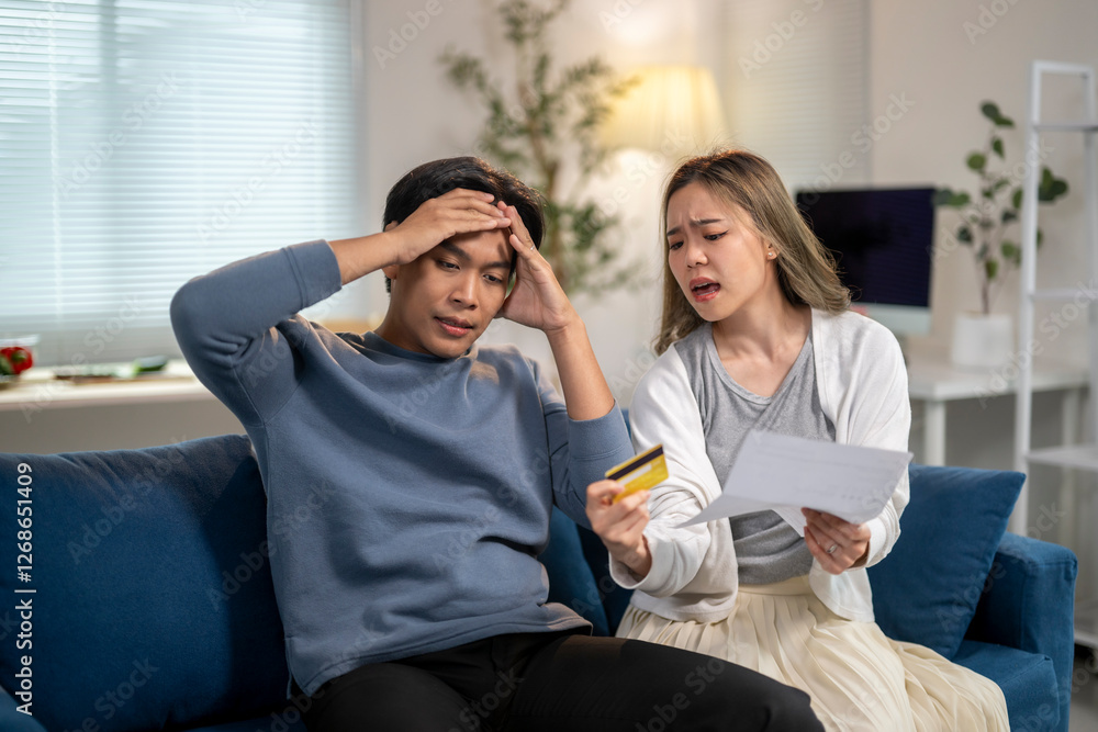A man and woman are sitting on a couch, with the man holding a piece of paper A man and woman are sitting on a couch, with the man holding a piece of paper
