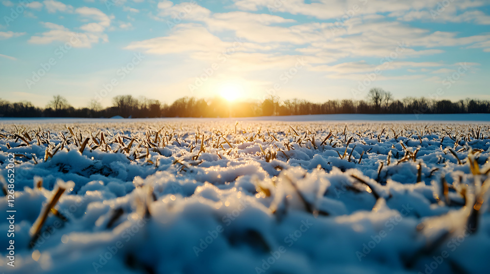 Obraz premium Winter Sunset Over Snow Covered Field
