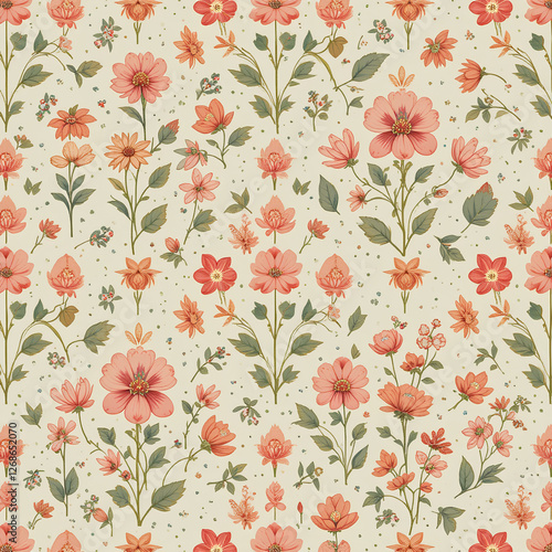 Wallpaper Mural Vintage floral pattern with small orange, red, and pink flowers on a white background, seamless ditsy print for fabric and wallpaper Torontodigital.ca