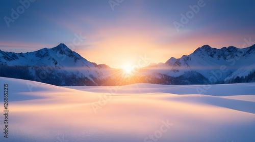 Winter Sunset Over Snowy Mountain Range