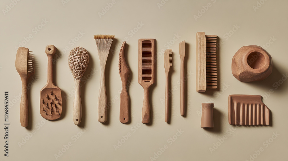Fototapeta premium An assortment of handcrafted kitchen tools in muted earth tones, with organic, flowing forms and smooth textures