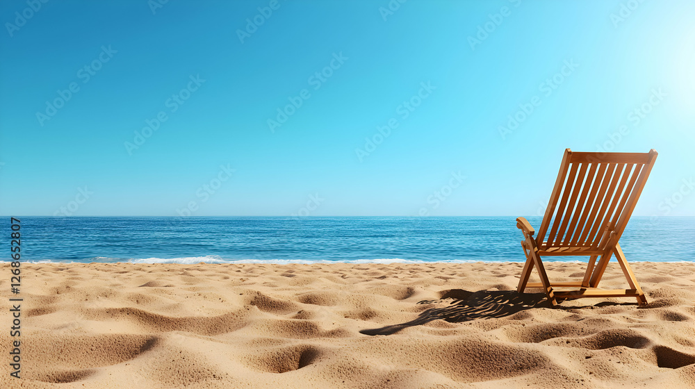 Wooden Beach Chair on Sandy Shore Under Sunny Sky Wooden Beach Chair on Sandy Shore Under Sunny Sky