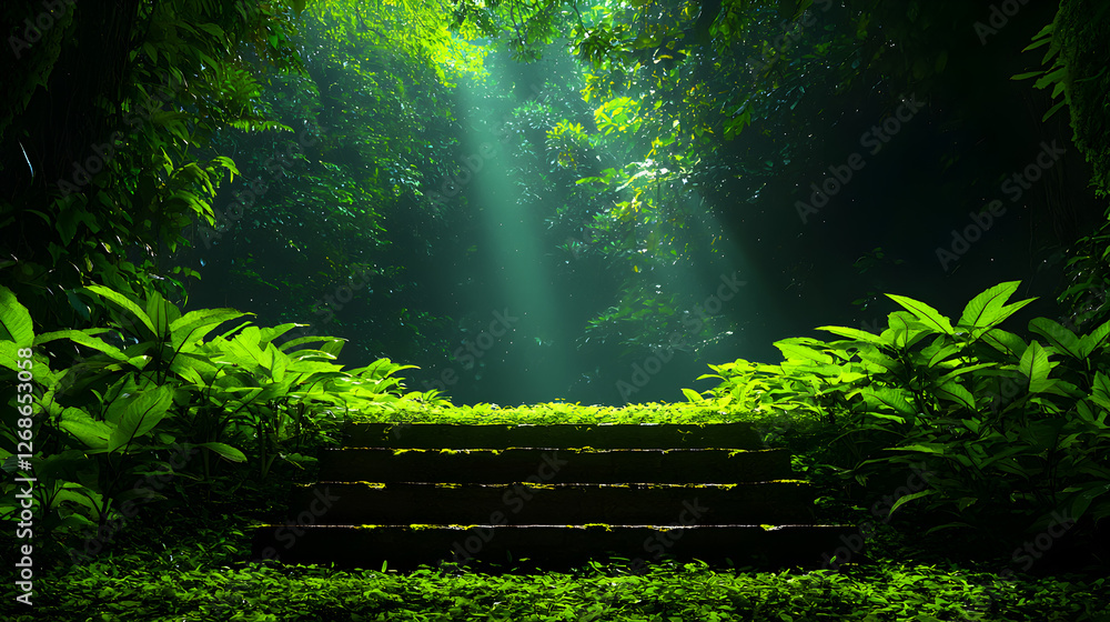 Obraz premium Wooden Bench in a Lush Green Forest with Sunlight Rays
