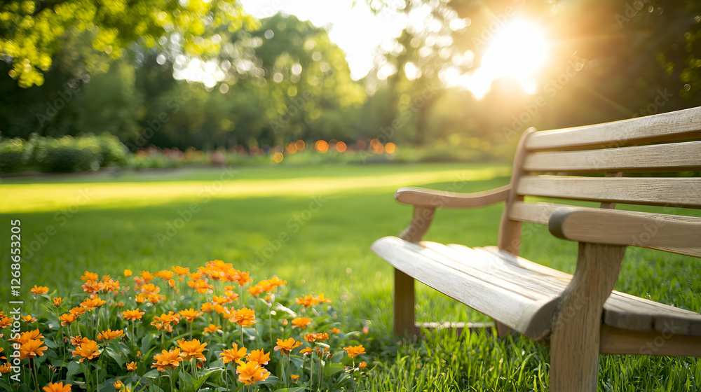 Fototapeta premium Wooden Bench in a Sunny Garden