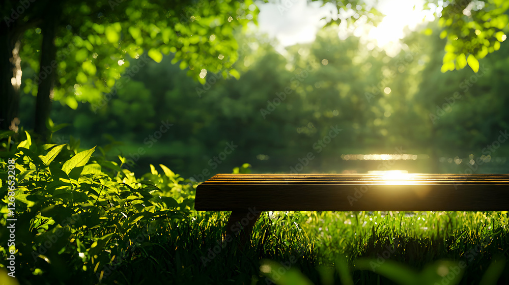 Naklejka premium Wooden Bench in a Sunny Green Park