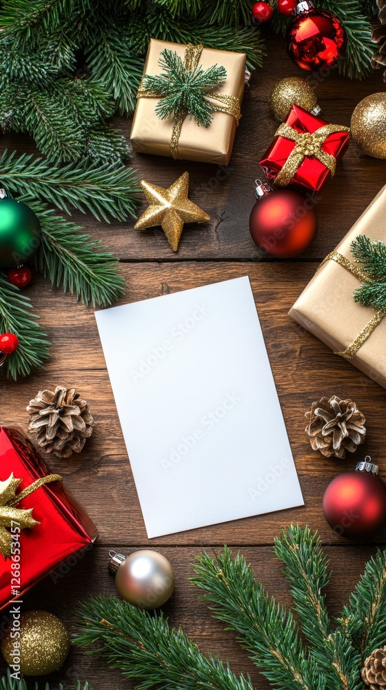 Obraz premium A festive arrangement featuring colorful gifts, ornaments, and pinecones surrounding a blank white sheet on a wooden surface, ideal for creating personalized holiday cards or seasonal promotions,