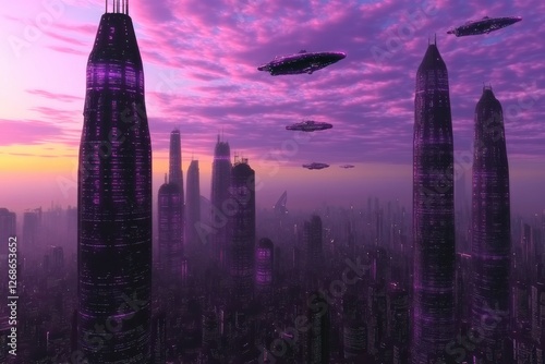 A futuristic fantasy city with glowing skyscrapers and flying ships under a purple sky