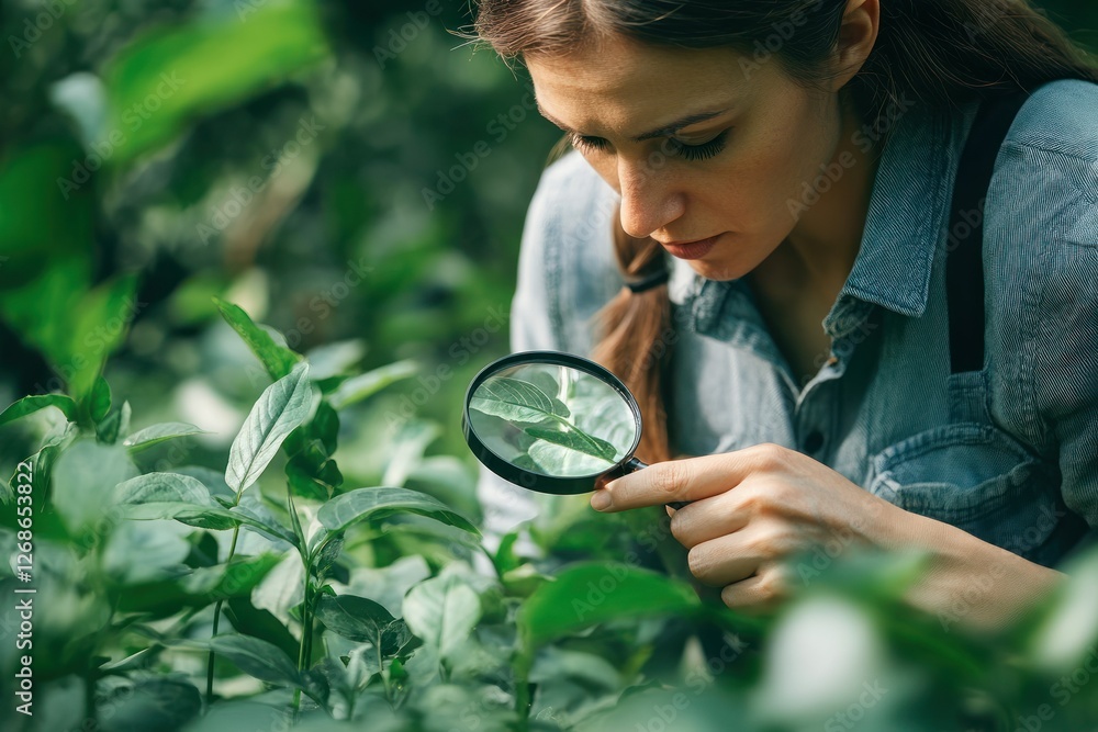 A gardener looking closely at plant leaves, inspecting for pests and health with a magnifying glass A gardener looking closely at plant leaves, inspecting for pests and health with a magnifying glass