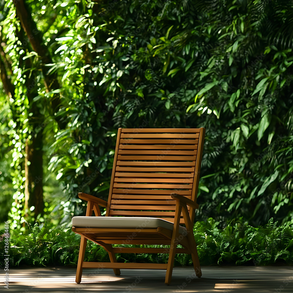 Wooden Chair on Deck with Lush Green Background Wooden Chair on Deck with Lush Green Background