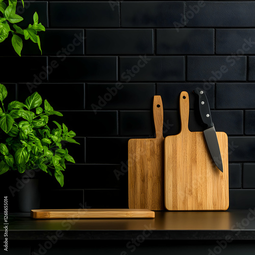 Wooden Cutting Boards and Knife on Black Countertop