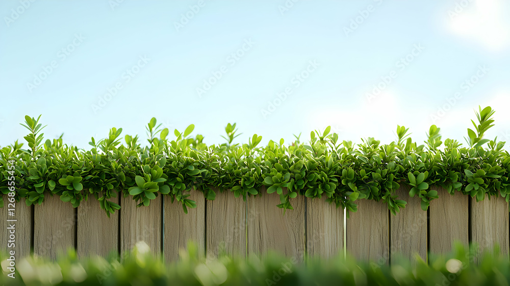 Fototapeta premium Wooden Fence with Lush Green Hedge and Blue Sky