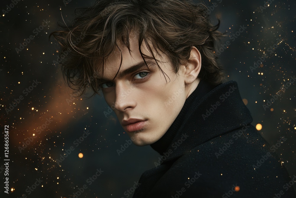 Mysterious male model in dramatic lighting with a creative backdrop of glimmering particles Mysterious male model in dramatic lighting with a creative backdrop of glimmering particles