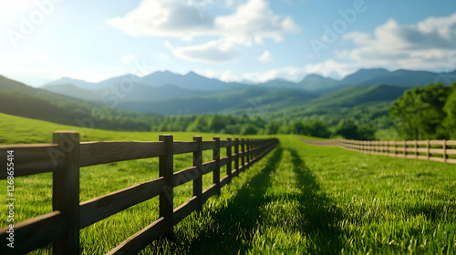 Wooden Fence in Lush Green Field with Mountain View