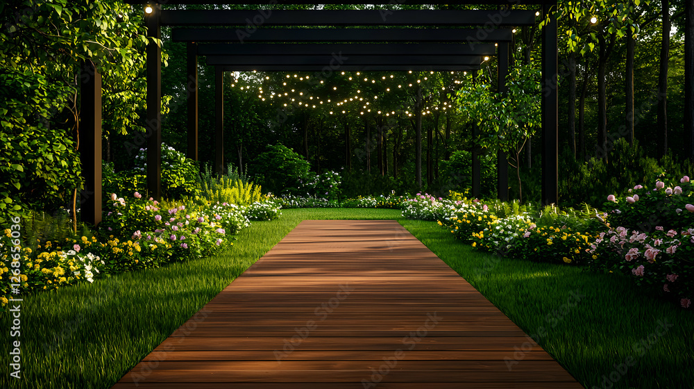 Obraz premium Wooden Path Through a Lighted Garden at Night
