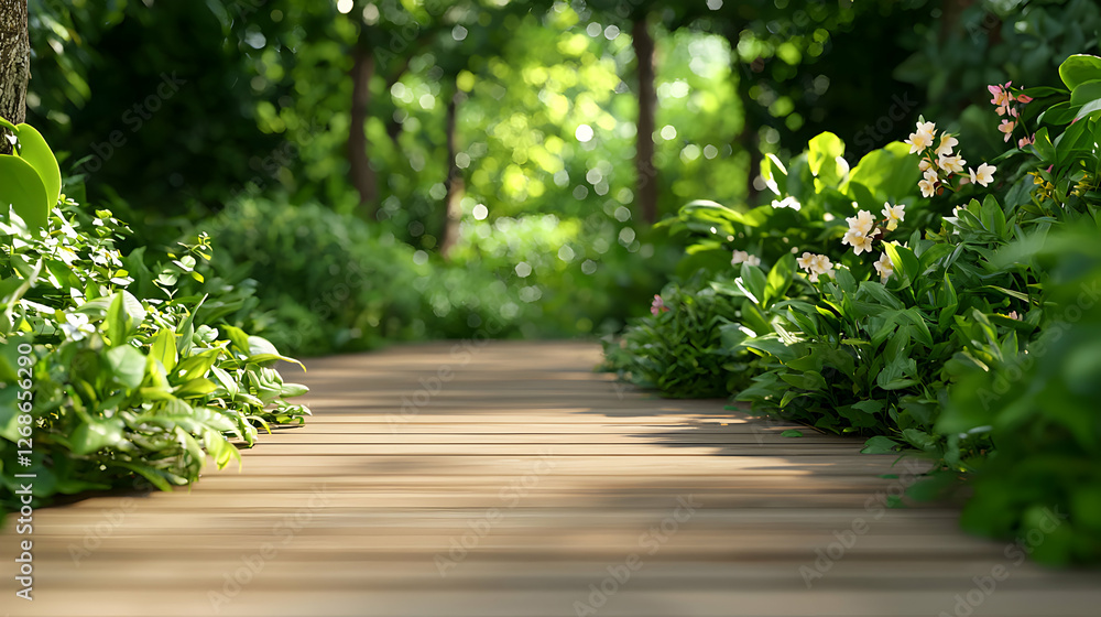 Wooden Path Through Lush Summer Garden Wooden Path Through Lush Summer Garden
