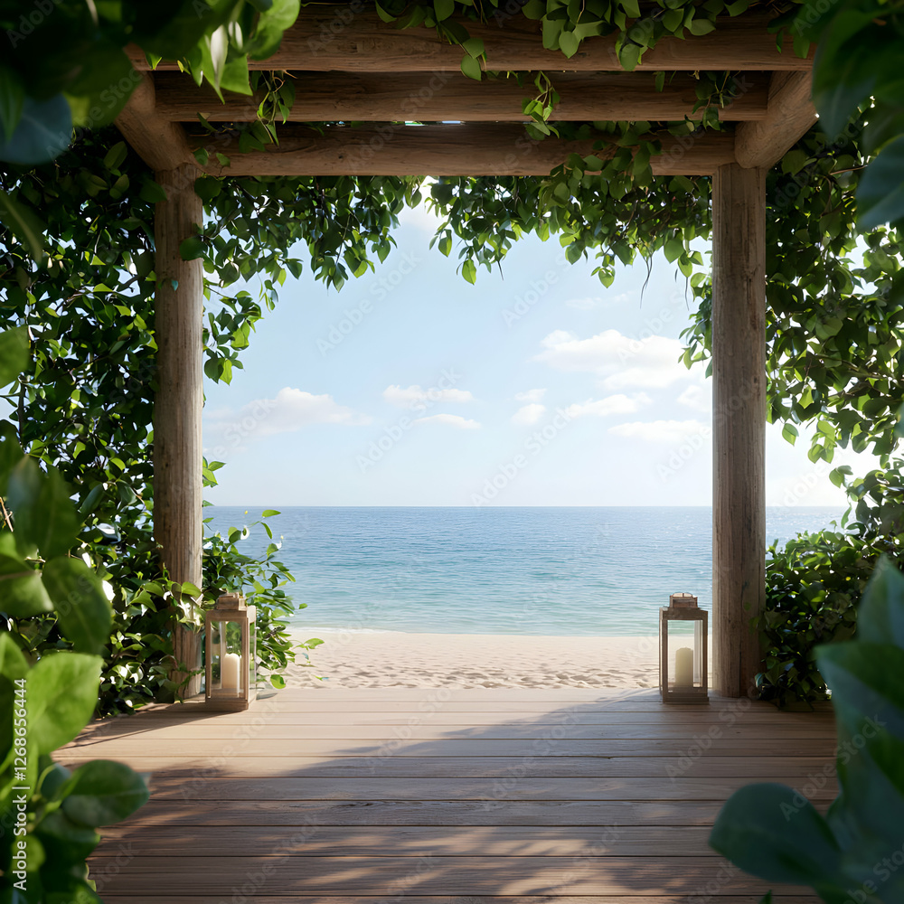 Wooden Pergola Overlooking a Tropical Beach Wooden Pergola Overlooking a Tropical Beach