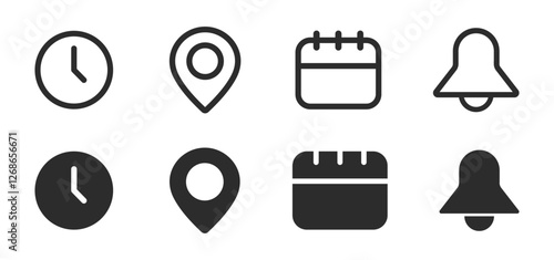 Notification bell, location, date and time vector icons