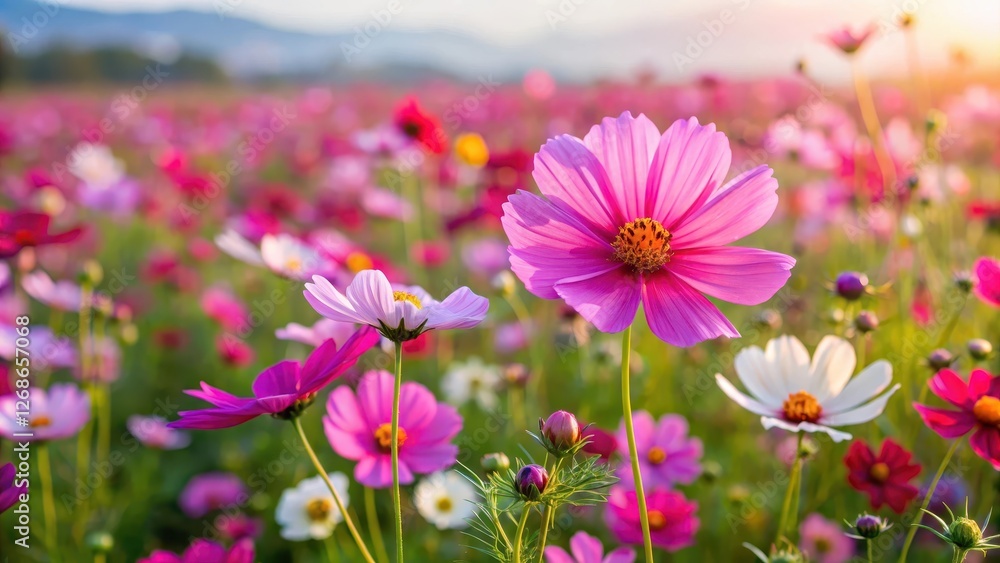 Cosmos flower field in full bloom, vibrant colors, field of flowers Cosmos flower field in full bloom, vibrant colors, field of flowers