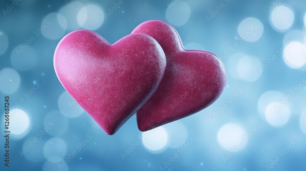 Fototapeta premium A conceptual close up of two fuzzy, pink hearts that are overlapping in the center, casting shadows on a silvery blue backdrop. The scene is softly