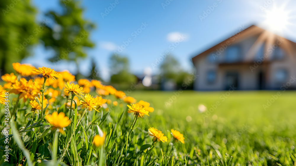 Yellow Dandelions in Lush Green Grass with Modern House Background Yellow Dandelions in Lush Green Grass with Modern House Background