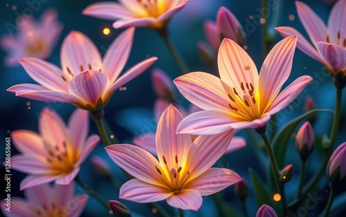 A stunning close-up of vibrant, glowing flowers in full bloom, illuminated with soft golden light.