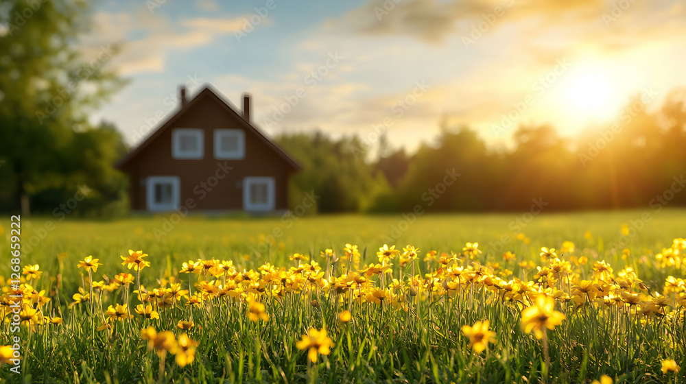Yellow Flowers Field with Wooden House at Sunset Yellow Flowers Field with Wooden House at Sunset