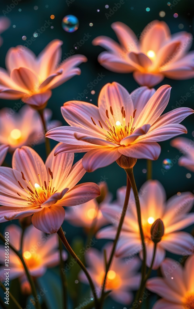 A stunning close-up of vibrant, glowing flowers in full bloom, illuminated with soft golden light. A stunning close-up of vibrant, glowing flowers in full bloom, illuminated with soft golden light.